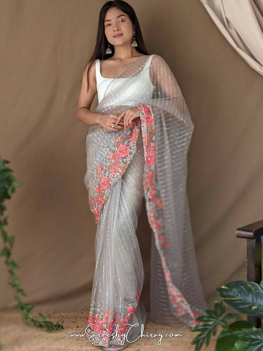 Vamsee Murari Grey Super Net Saree - Swadesiicart