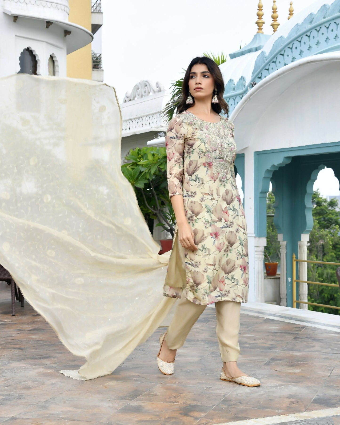 Vaasva Women's Cream Tissue Embroidered Suit Set With Solid Pant And Embroidered Dupatta | Swadesiicart