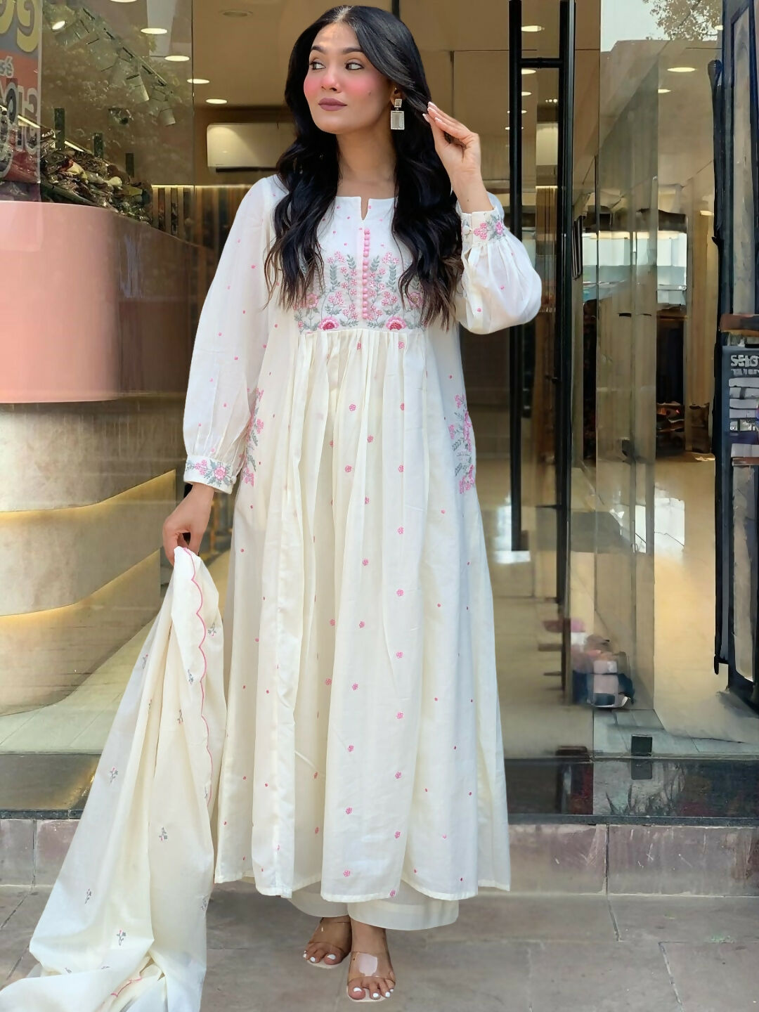 The52 White Women's Beautiful Cotton Fabric Thread Work Straight Kurta Pant and Dupatta Set - Swadesiicart