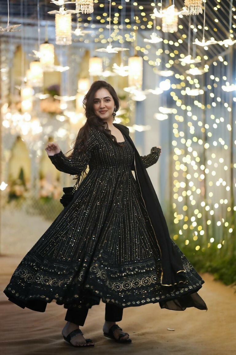 Jyoti Fashion Women's Black Faux Georgette Zari Embroidery with Sequence Anarkali Dress with Dupatta | Swadesiicart