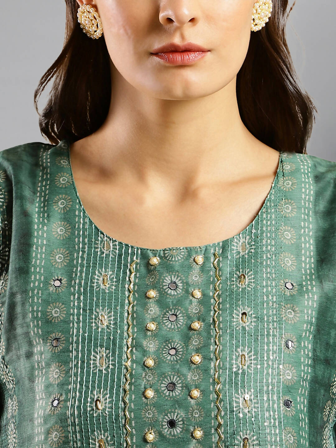 Sea Green Chinon Digital Printed With Hand Work Kurta - Himanshi - Swadesiicart