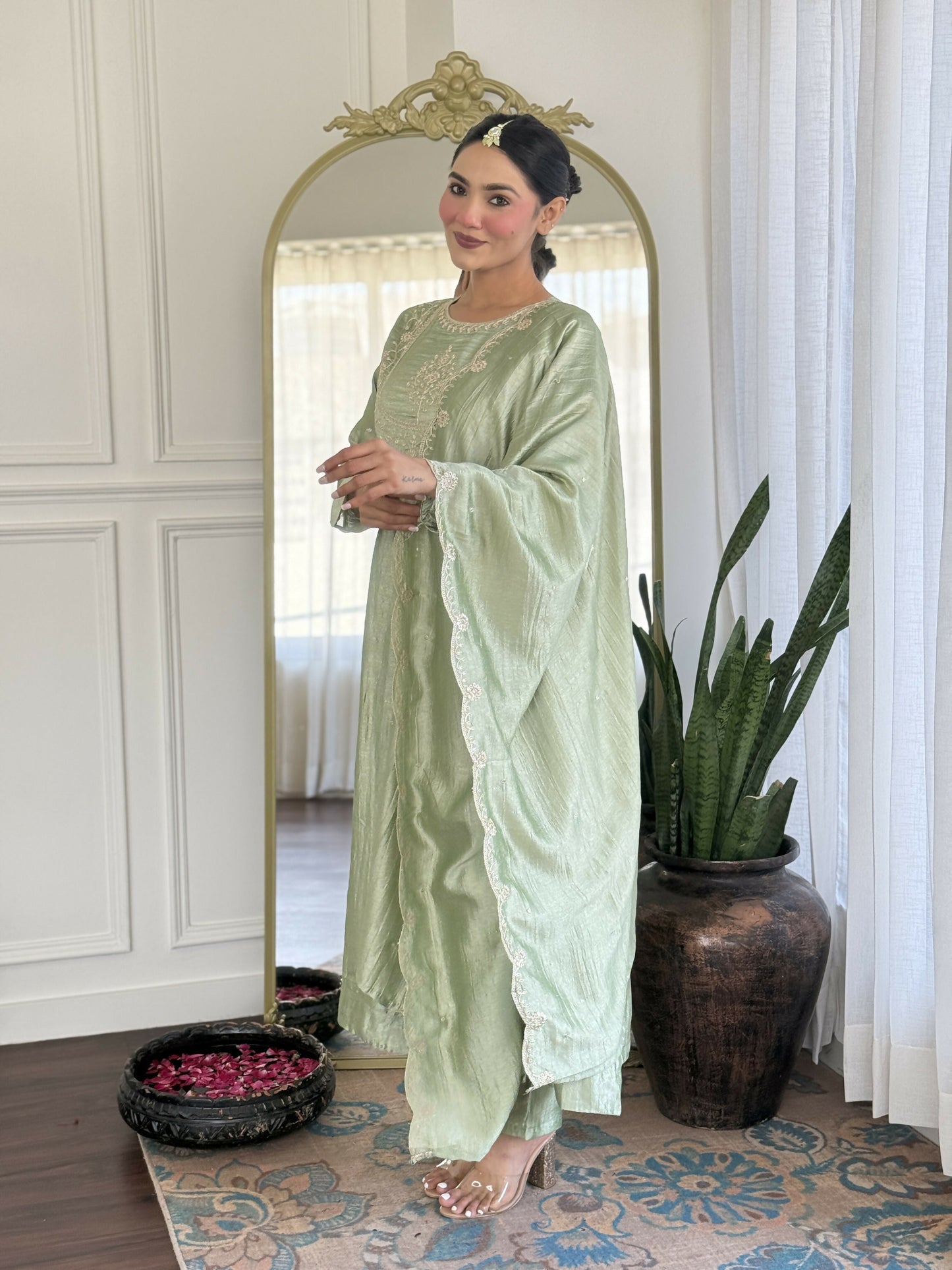 The52 Pista Women's Gorgeous Embroidered Vichitra Silk Fabric Flared Kurta Pant with Dupatta Set - Swadesiicart