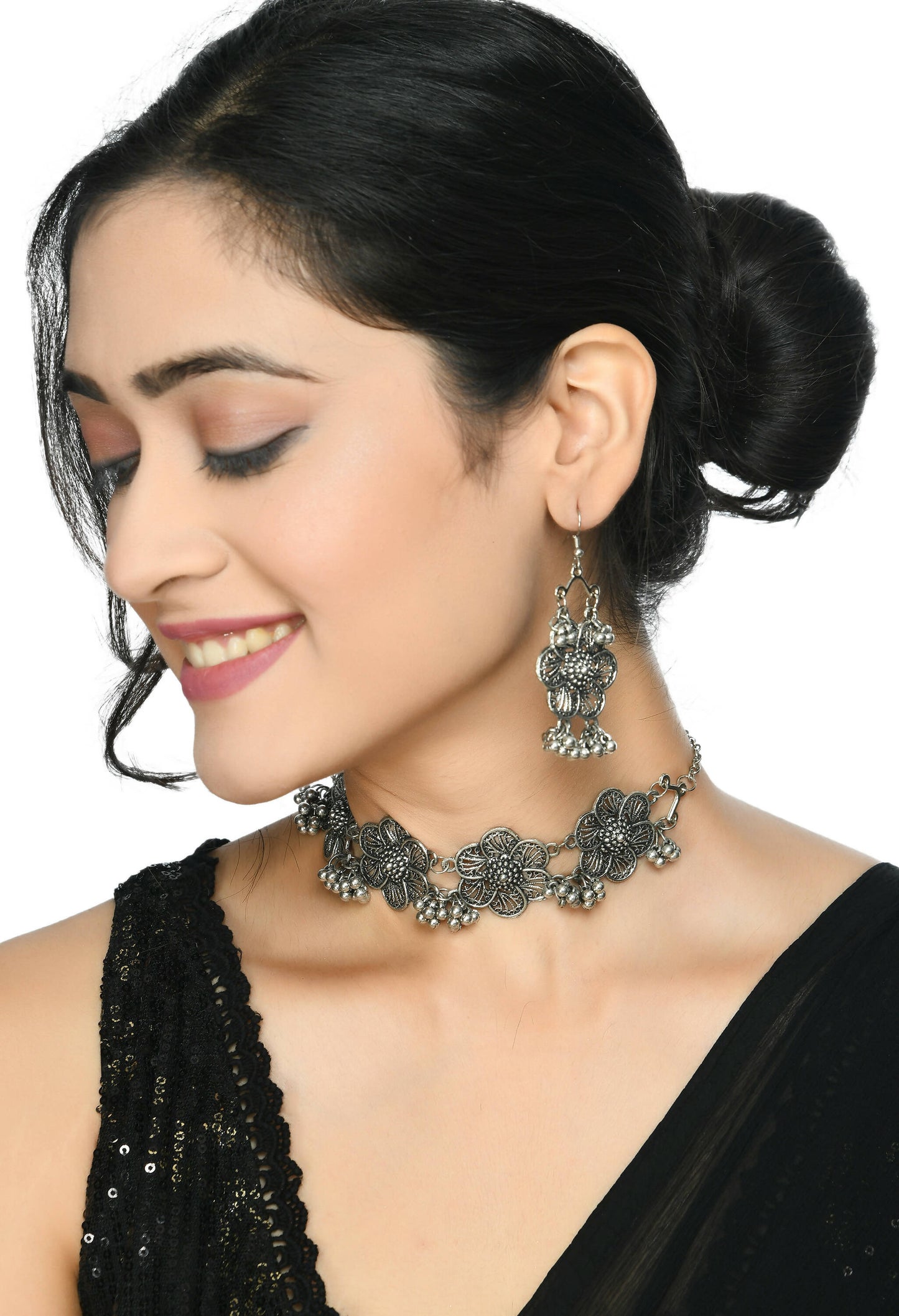 Mominos Fashion Johar Kamal Silver-Plated Brass Finish Floral Desgin Choker For Women | Swadesiicart