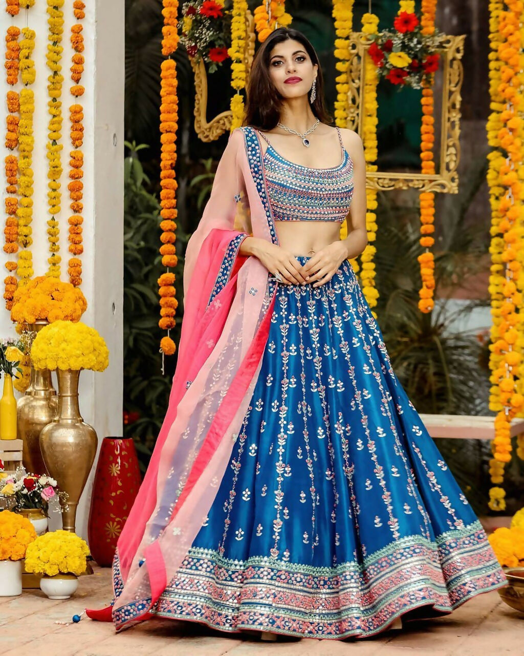 Jyoti Fashion Gorgeous Blue Sequins with Thread & Zari Embroidery Chinon Lehenga Choli with Dupatta | Swadesiicart