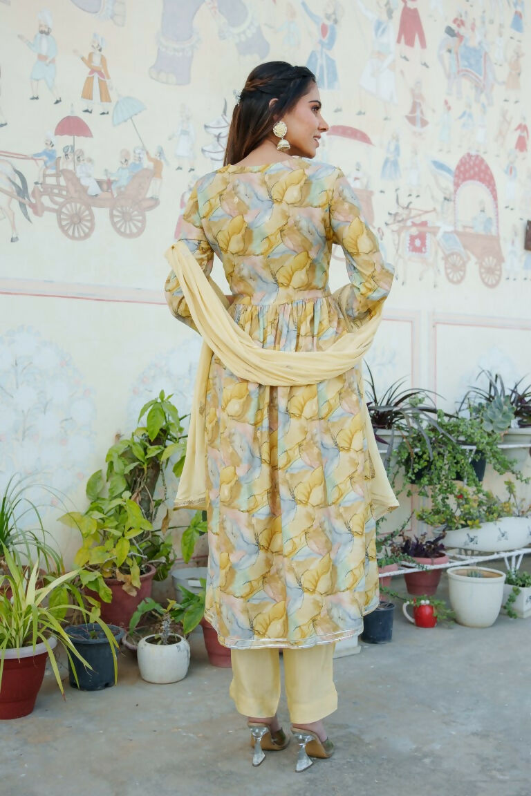 Vaasva Women Yellow Muslin Embroidered Kurta, Pant & Dupatta Set | Swadesiicart