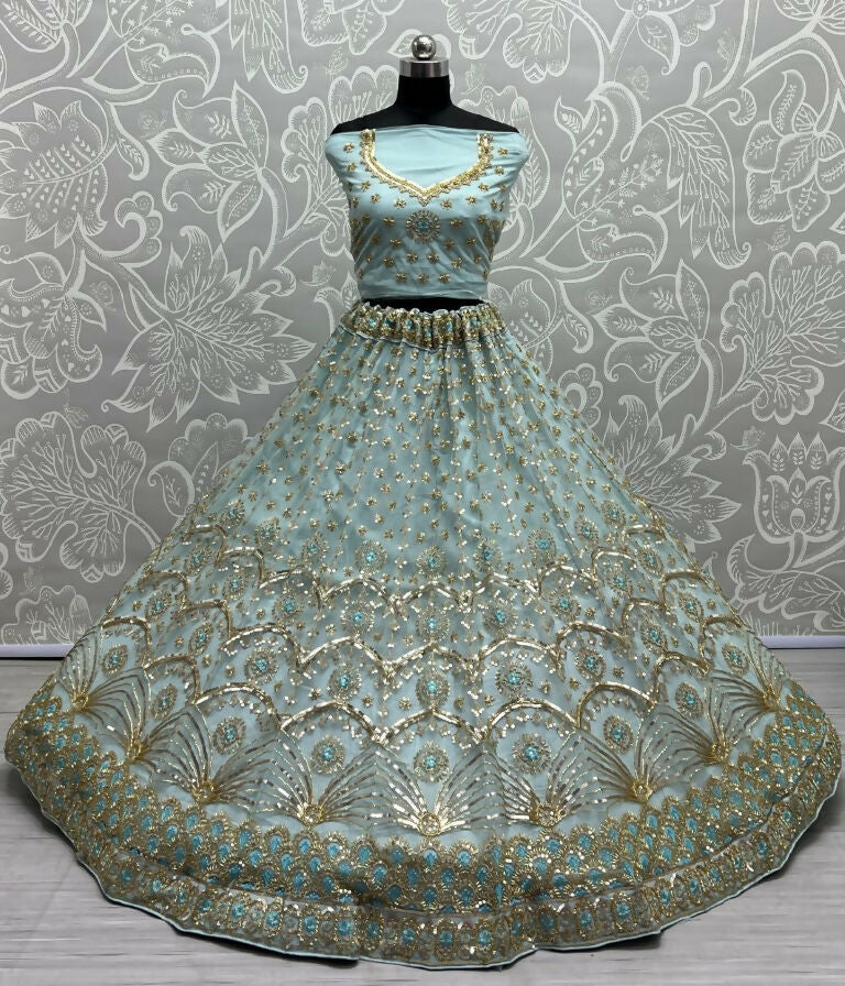 Jyoti Fashion Women's Sky Blue Bridal Net Fancy Sequins with Multi Thread Embroidered & Handwork Wedding Lehenga Choli | Swadesiicart