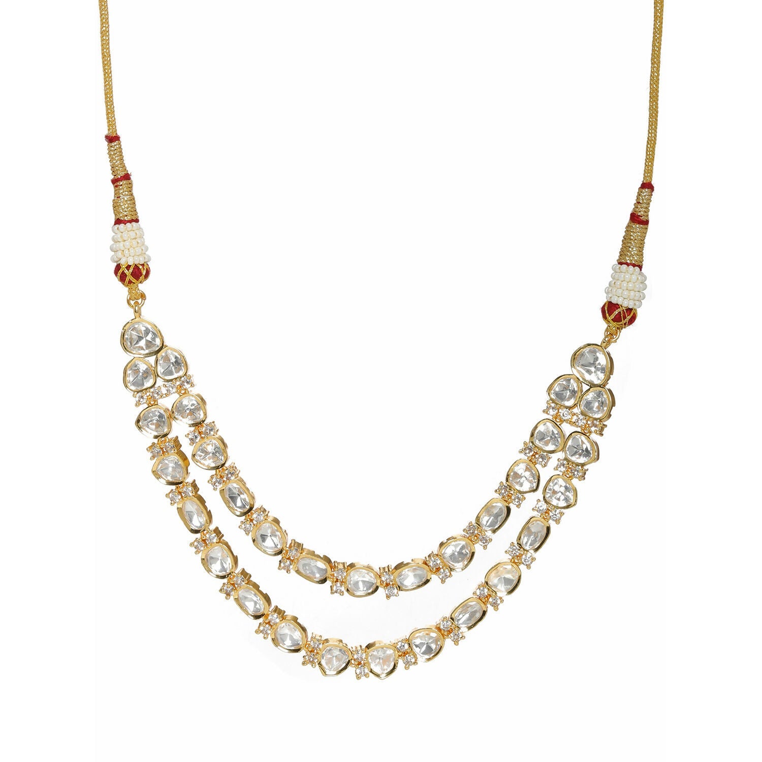 Double Layered Kundan and American Diamond Neckpiece (Gold) - Ruby Raang | Swadesiicart