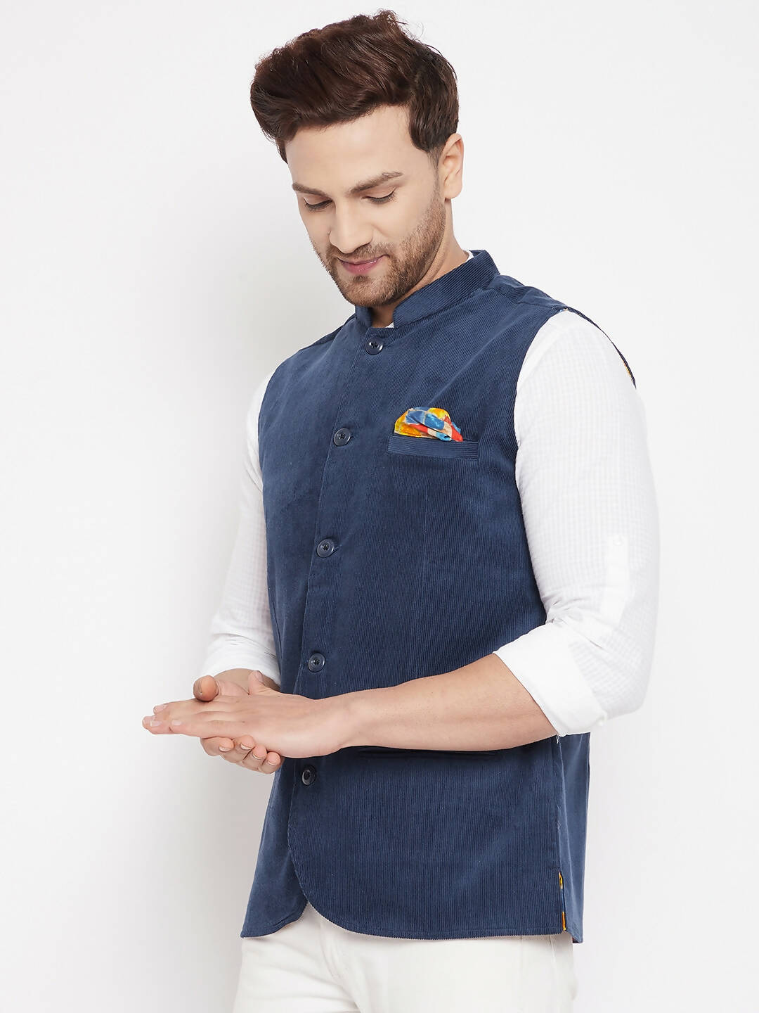 Even Apparels Blue Polyester Men's Nehru Jacket-Contrast Lining-Inbuilt Pocket Square | Swadesiicart