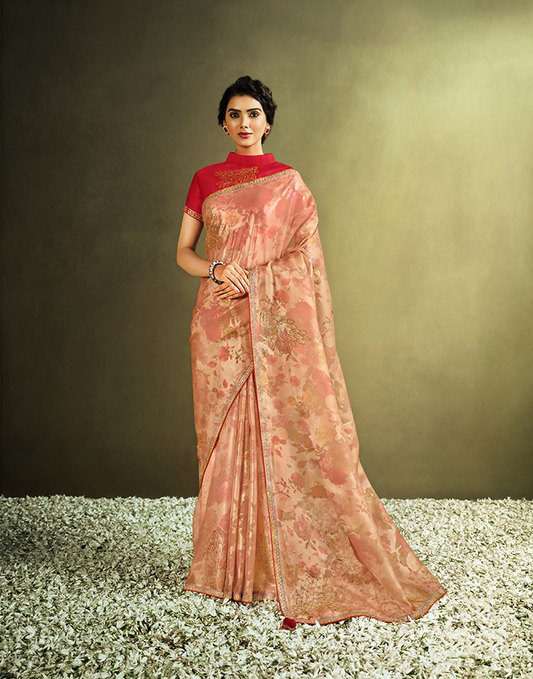 Peach Tissue Digital Printeds Flowers. Stone Embellishments Saree - Norita Hit - Swadesiicart