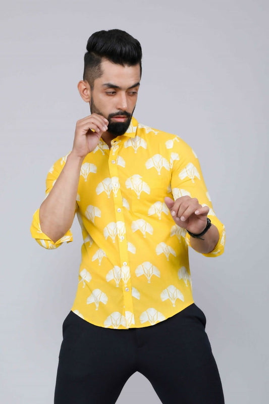 Miravan Men's Yellow and White Floral Printed Full Sleeves Cotton Casual Shirt | Swadesiicart