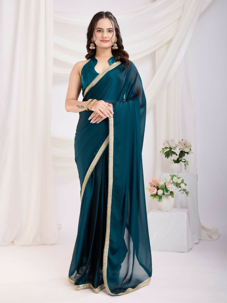 Teal Blue Rangoli Silk Solid, Lace Border Ready To Wear Saree - Kashvi | Swadesiicart