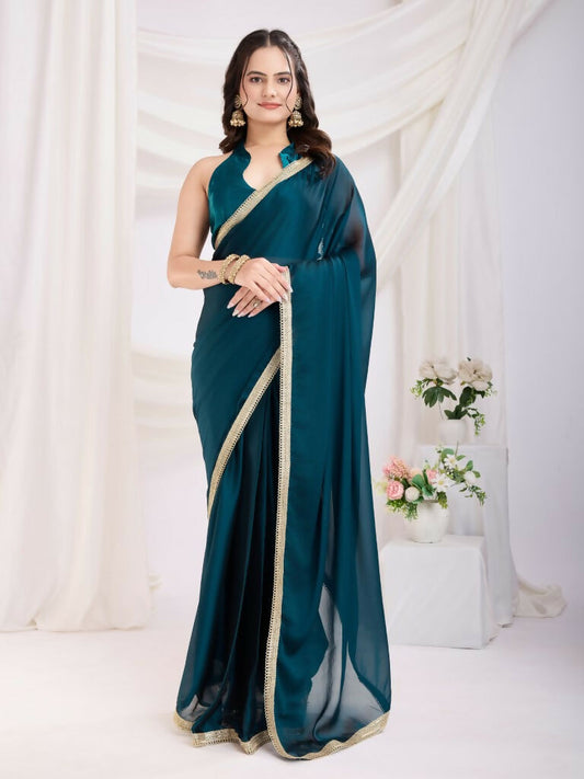 Teal Blue Rangoli Silk Solid, Lace Border Ready To Wear Saree - Kashvi | Swadesiicart