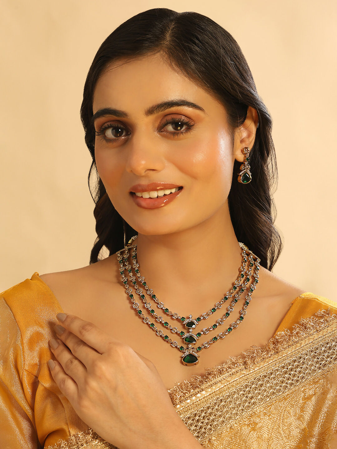 Nuyug 18K Gold Plated Emerald Elysian Layered Necklace Set | Swadesiicart