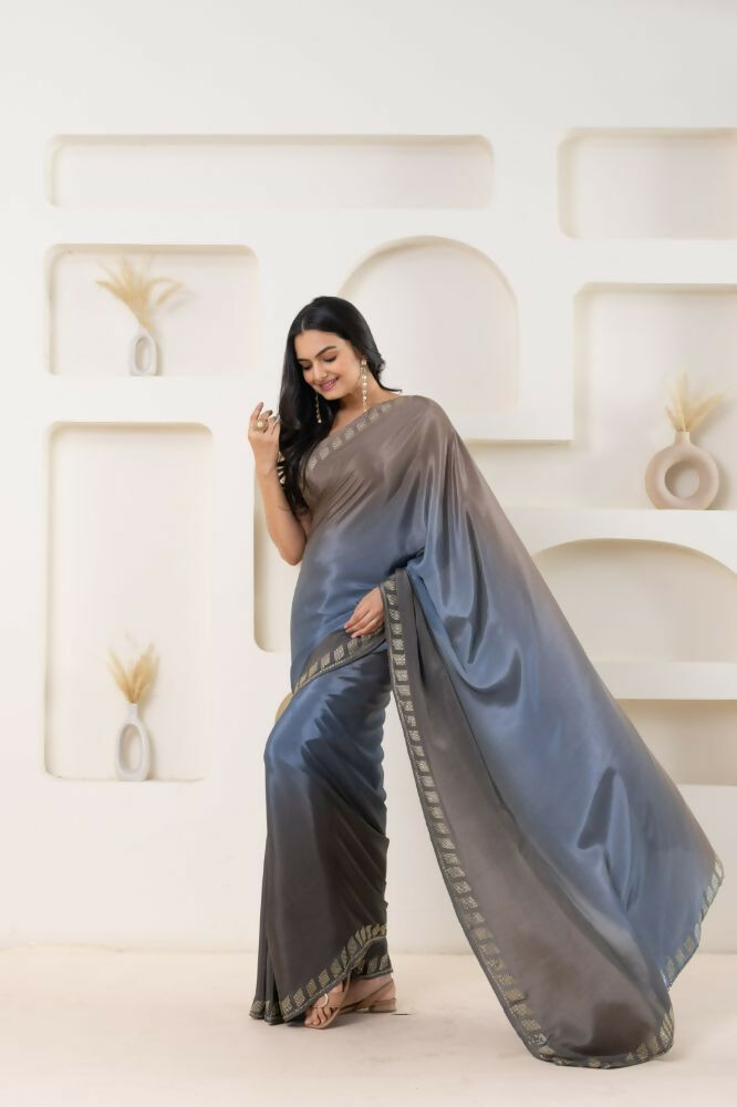 Grey Satin Pedding Designer, Printed Party Wear Ready To Wear Saree - Femina | Swadesiicart