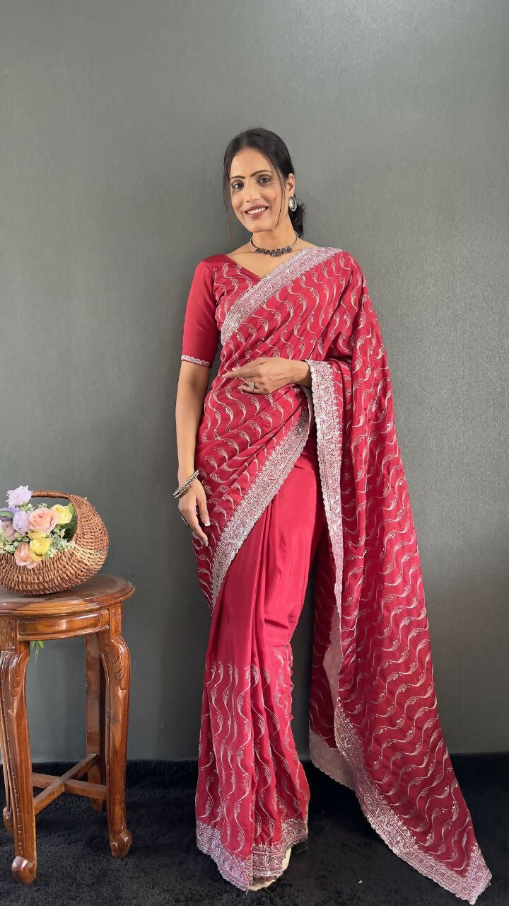 Vastranavya Pink Chinnon Silk Embroidery Multi Sequence & Arco Cut Work Ready to Wear Saree | Swadesiicart