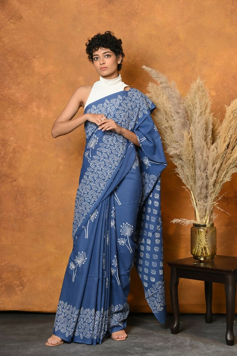 Very Much Indian Handblock Printed Cotton Saree With Natural Dyes - Cyan Blue | Swadesiicart