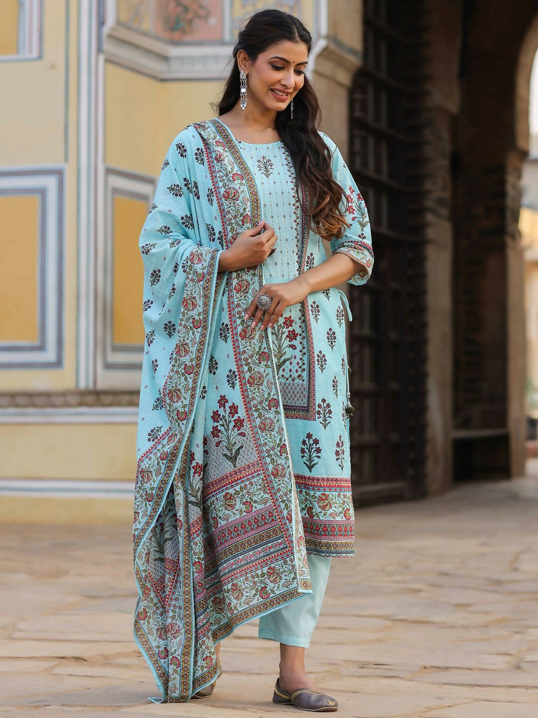 Juniper Women's Skyblue Cambric Floral Placement Printed Straight Fit Kurta Sets | Swadesiicart