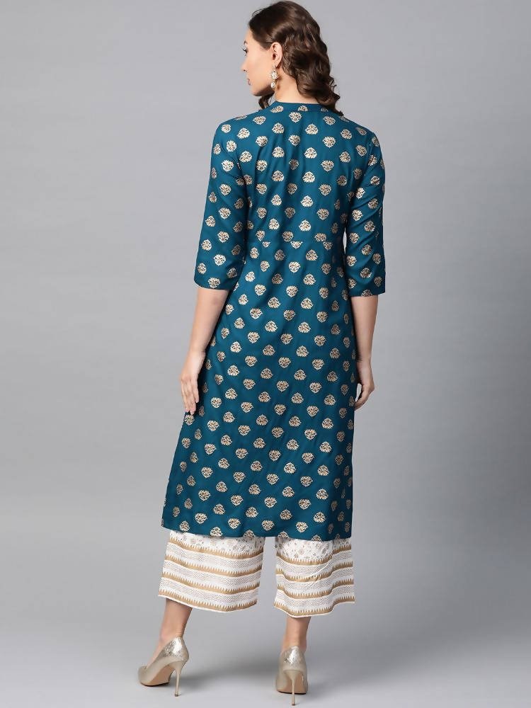 Anubhutee Teal Blue & Off-White Foil Print Kurta with Palazzos | Swadesiicart