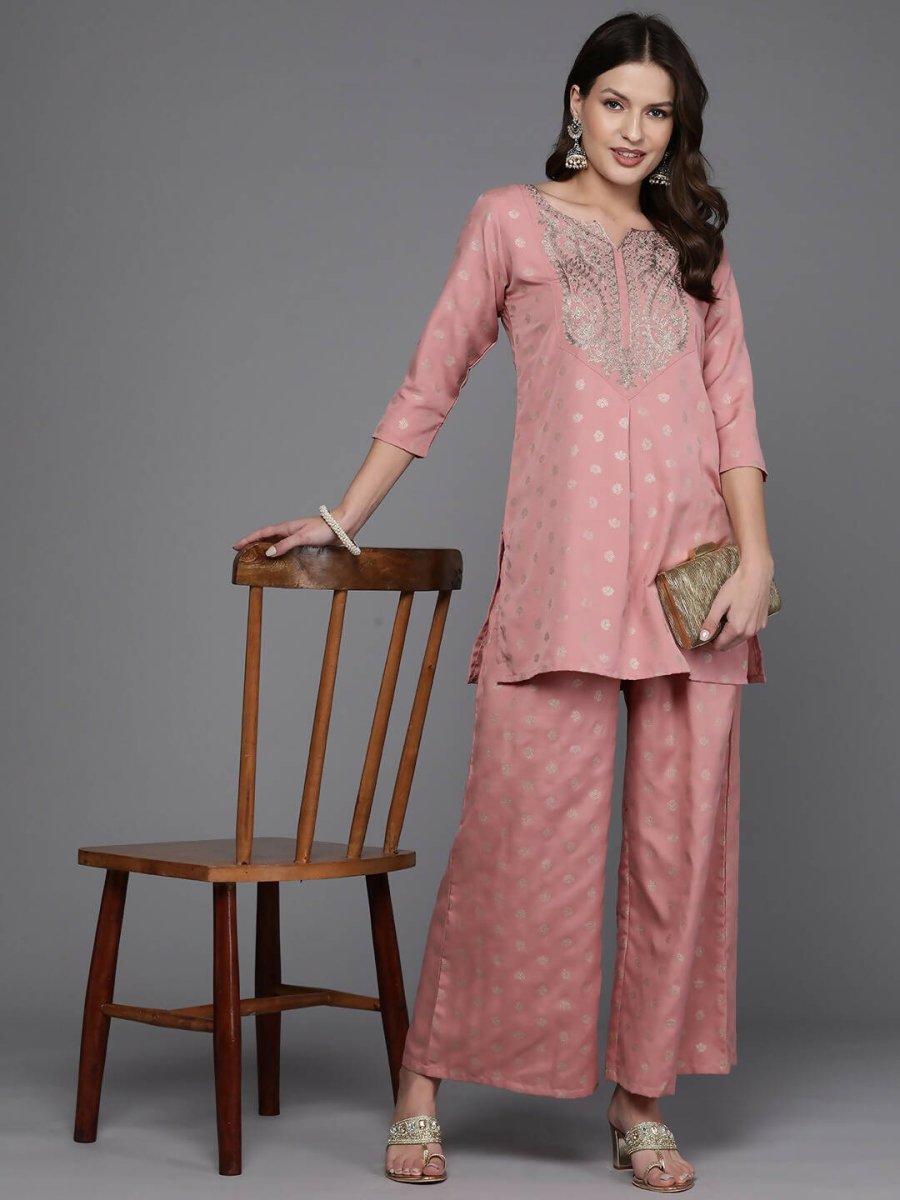 Ahalyaa Women Floral Yoke Design Tunic with Palazzos - Pink Color | Swadesiicart