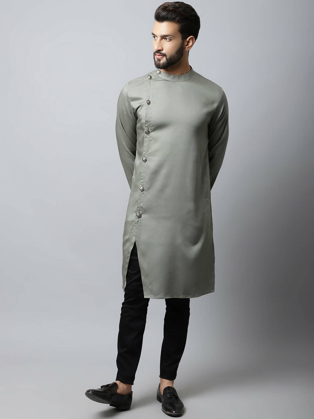 Even Apparels Grey Color Pure Cotton Sherwani Men's Kurta With Asymetrical Cut (SLD1181) | Swadesiicart