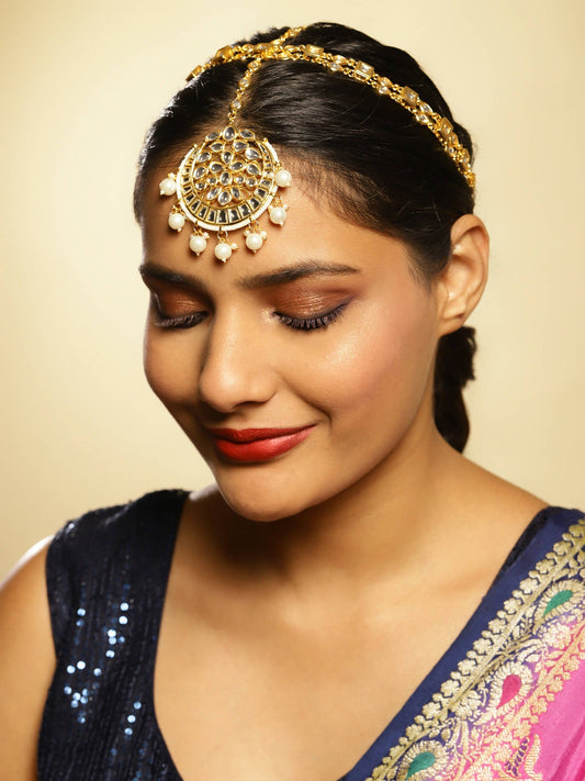 Gold-Polished White Kundan-Studded Pearl Beaded Matha Patti - Ruby Raang | Swadesiicart