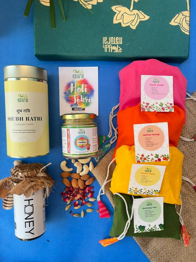 Shuddh Natural Ubtan based Herbal Gulal | Ayurvedic Thandai Powder |Floral Tisane |Natural Honey | Holi Gift Hamper - Swadesiicart