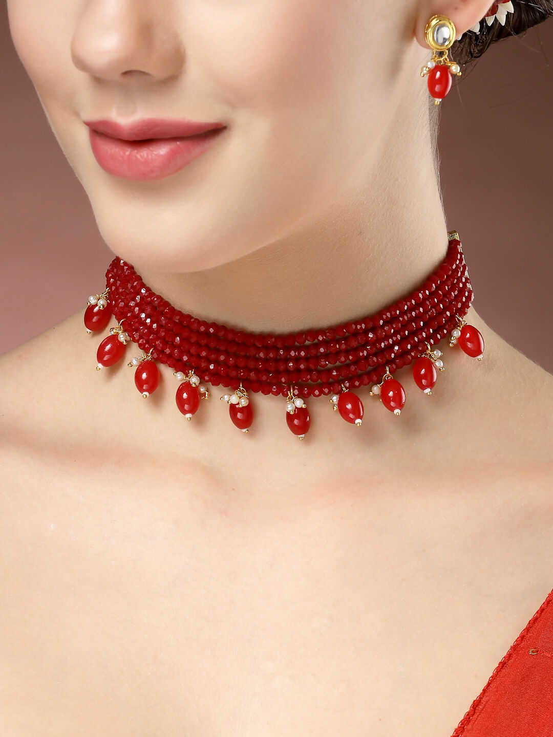 NVR Women's Red Artificial Beads Layered Necklace with Drop Earring - Swadesiicart
