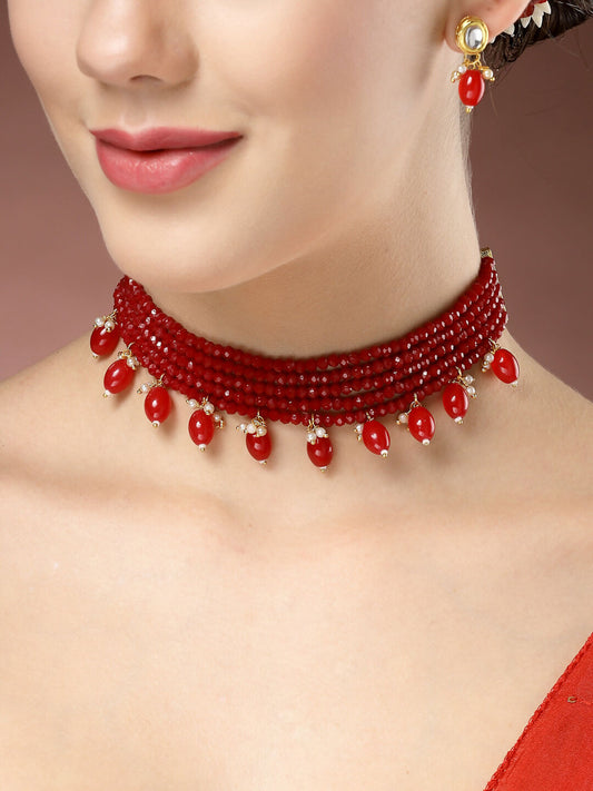 NVR Women's Red Artificial Beads Layered Necklace with Drop Earring - Swadesiicart