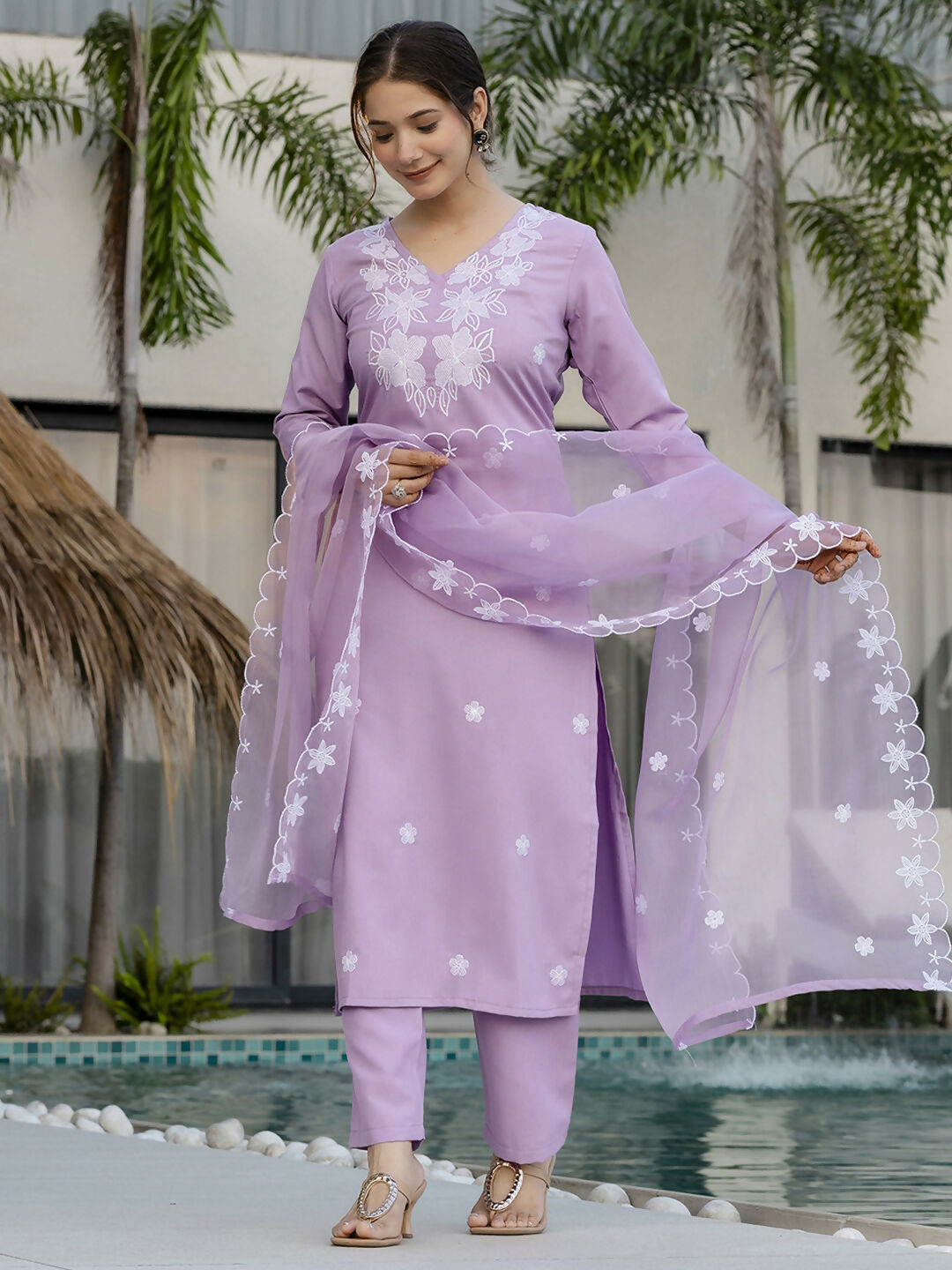The52 Lavender Women's Beautiful Thread work Rayon Fabric with Straight Kurta, Pant and Dupatta Set - Swadesiicart