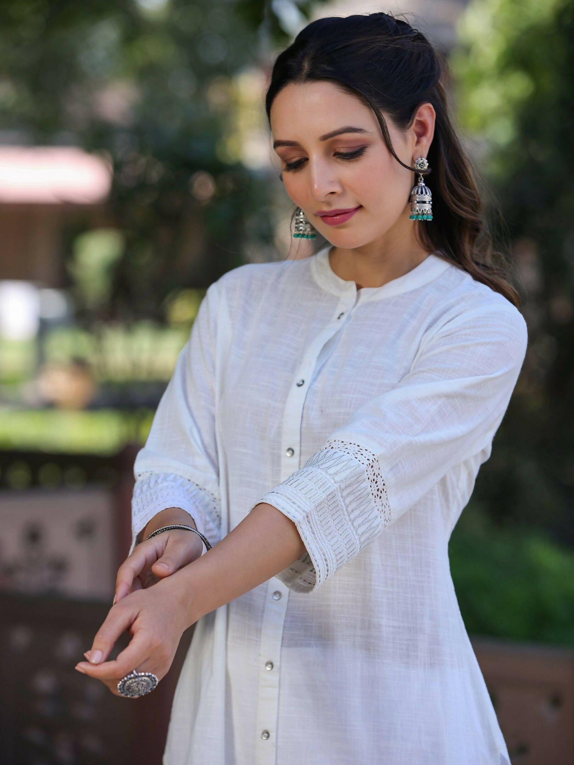 Juniper Women's White Cotton Slub Embroidered Straight Kurta | Swadesiicart
