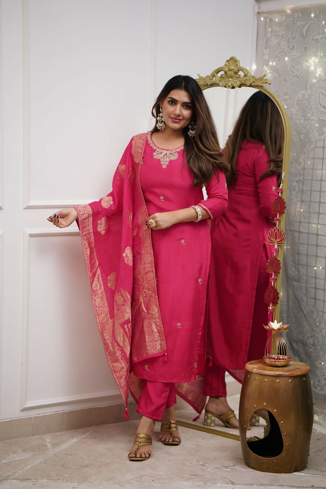 The52 Gajri Women's Gorgeous Embroidered Viscose Chanderi Fabric Straight Kurta Pant with Dupatta Set - Swadesiicart