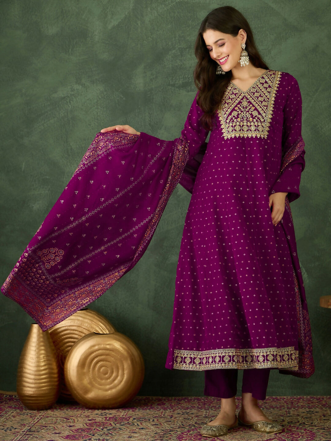 The52 Wine Women's Gorgeous Embroidered Work Vichitra Silk Fabric Flared Kurta Pant and Dupatta Set - Swadesiicart