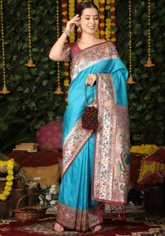 Vishnu Weaves Women's Firozi Paithani Silk Zari Woven Saree with Unstitched Blouse - Swadesiicart