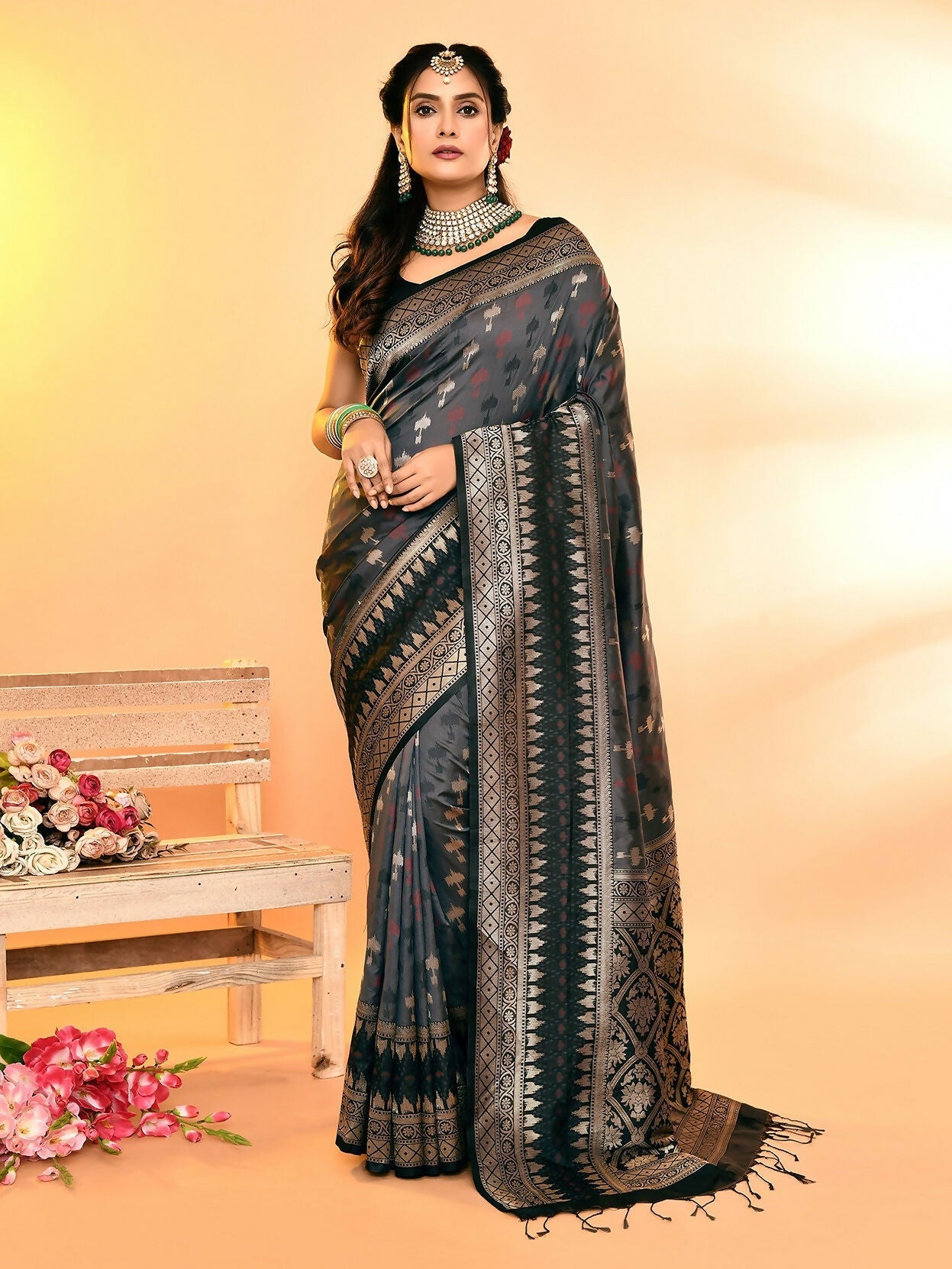 Joban Fashion Grey & Black Plain With Weaving Border Banarasi Silk Sarees | Swadesiicart