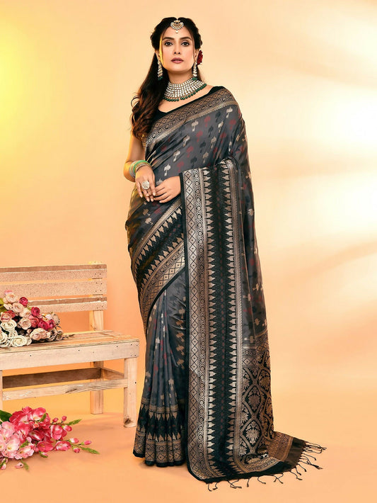 Joban Fashion Grey & Black Plain With Weaving Border Banarasi Silk Sarees | Swadesiicart