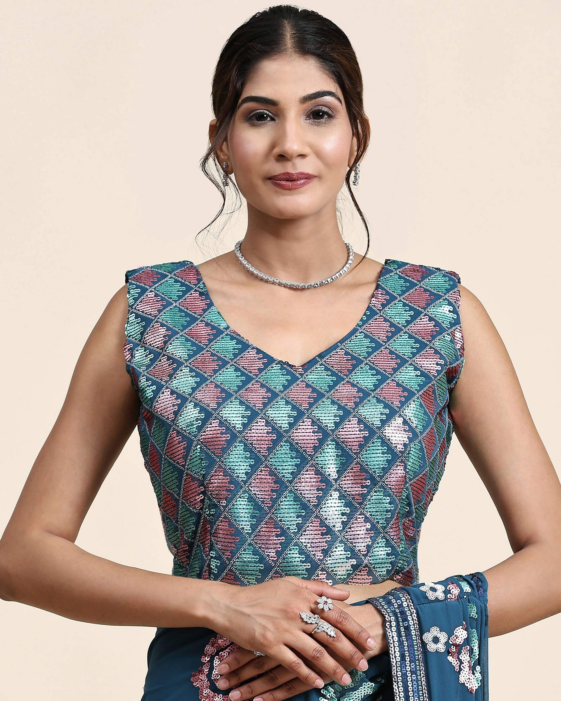 Blue Pure Georgette Sequence work Ready to wear Saree with stitched Blouse - Nirvana | Swadesiicart