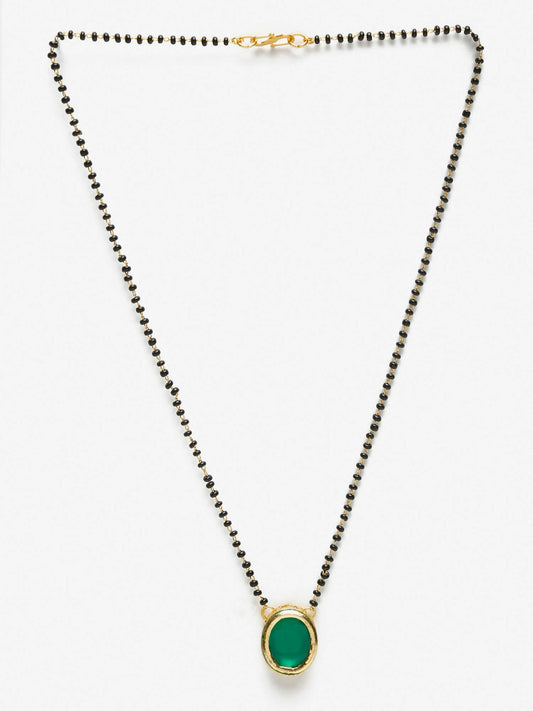 Gold-Polished Black Beaded Green Kundan Studded Handcrafted Mangalsutra - Ruby Raang | Swadesiicart