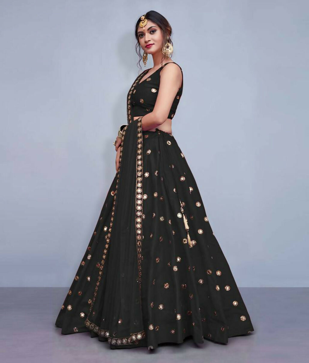 Jyoti Fashion Beautiful Black Embroidered with Mirror work Art Silk Party Wear Lehenga Choli with Dupatta | Swadesiicart