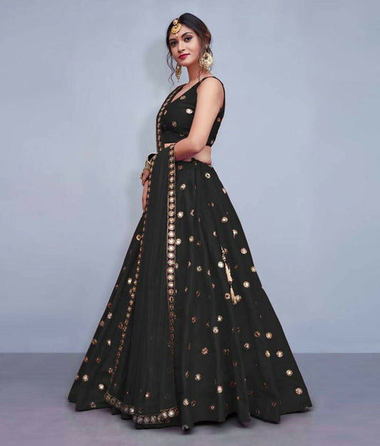 Jyoti Fashion Beautiful Black Embroidered with Mirror work Art Silk Party Wear Lehenga Choli with Dupatta | Swadesiicart