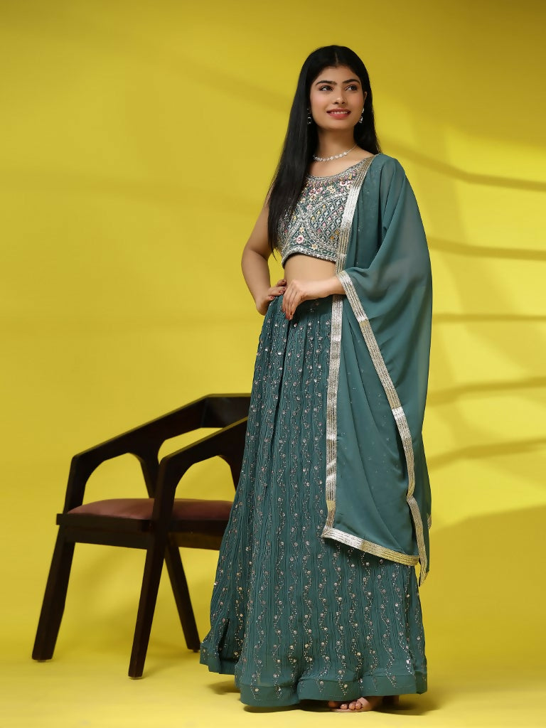 Green Georgette Embroidered Lehenga choli with Dupatta - Dhara | Swadesiicart