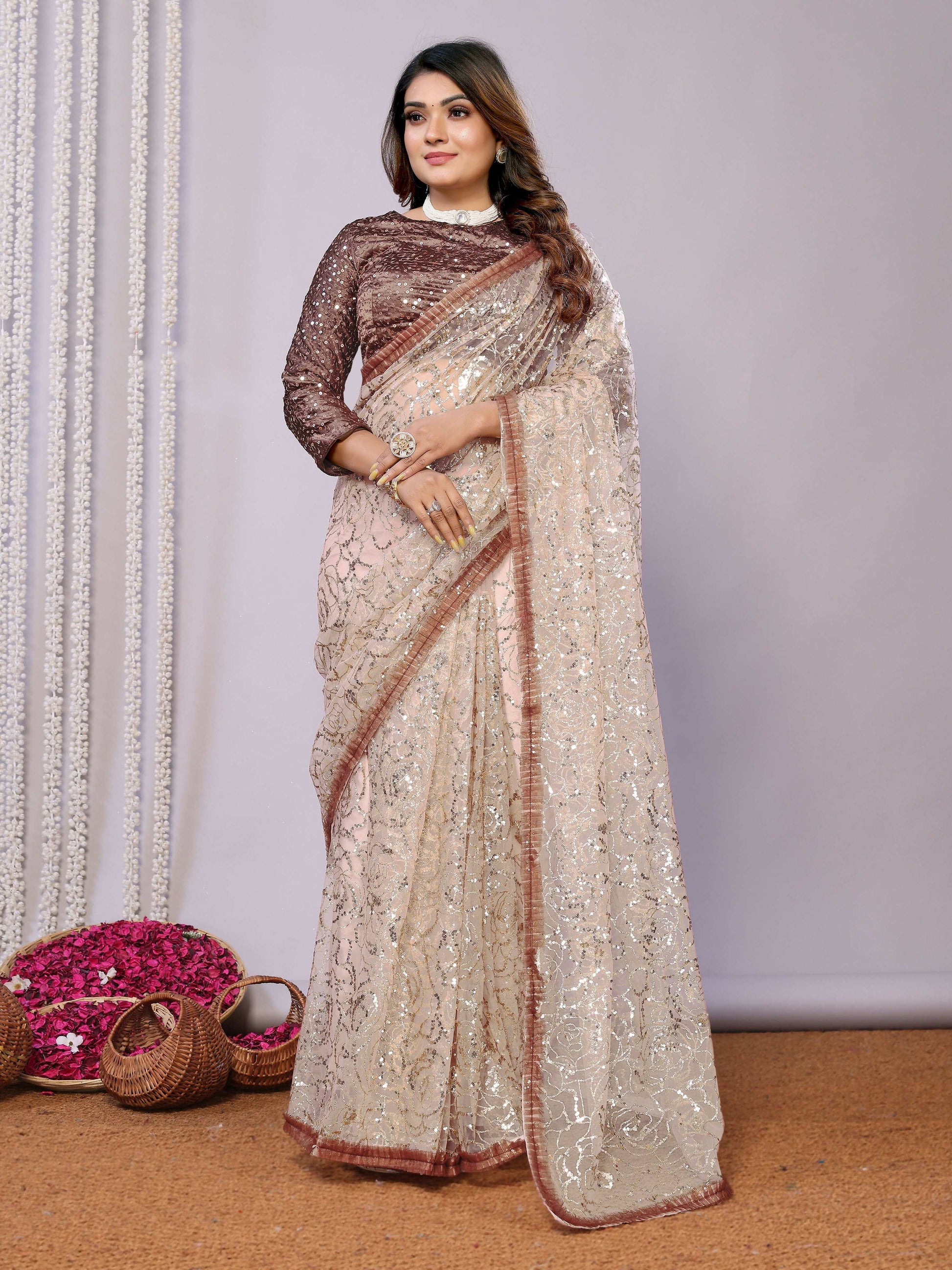 Brown Net Embroidered Saree With Stitched Blouse - Nimaya Kaksha