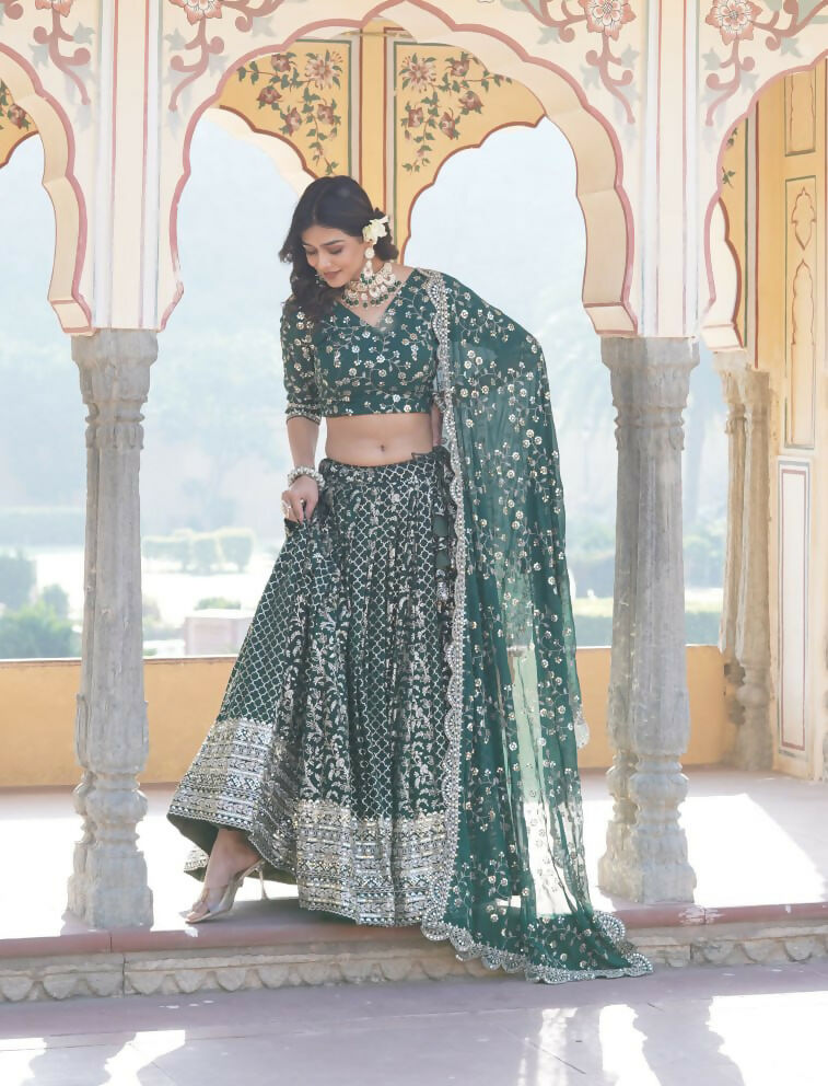 Lorenvalley Green Pure Viscose Jacquard With Embroidered Sequins work Lehenga Choli | Swadesiicart