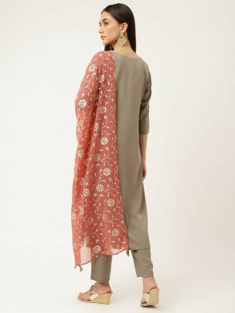 FIORRA Women's Grey Poly Crepe Straight Kurta Pant With Dupatta - Swadesiicart