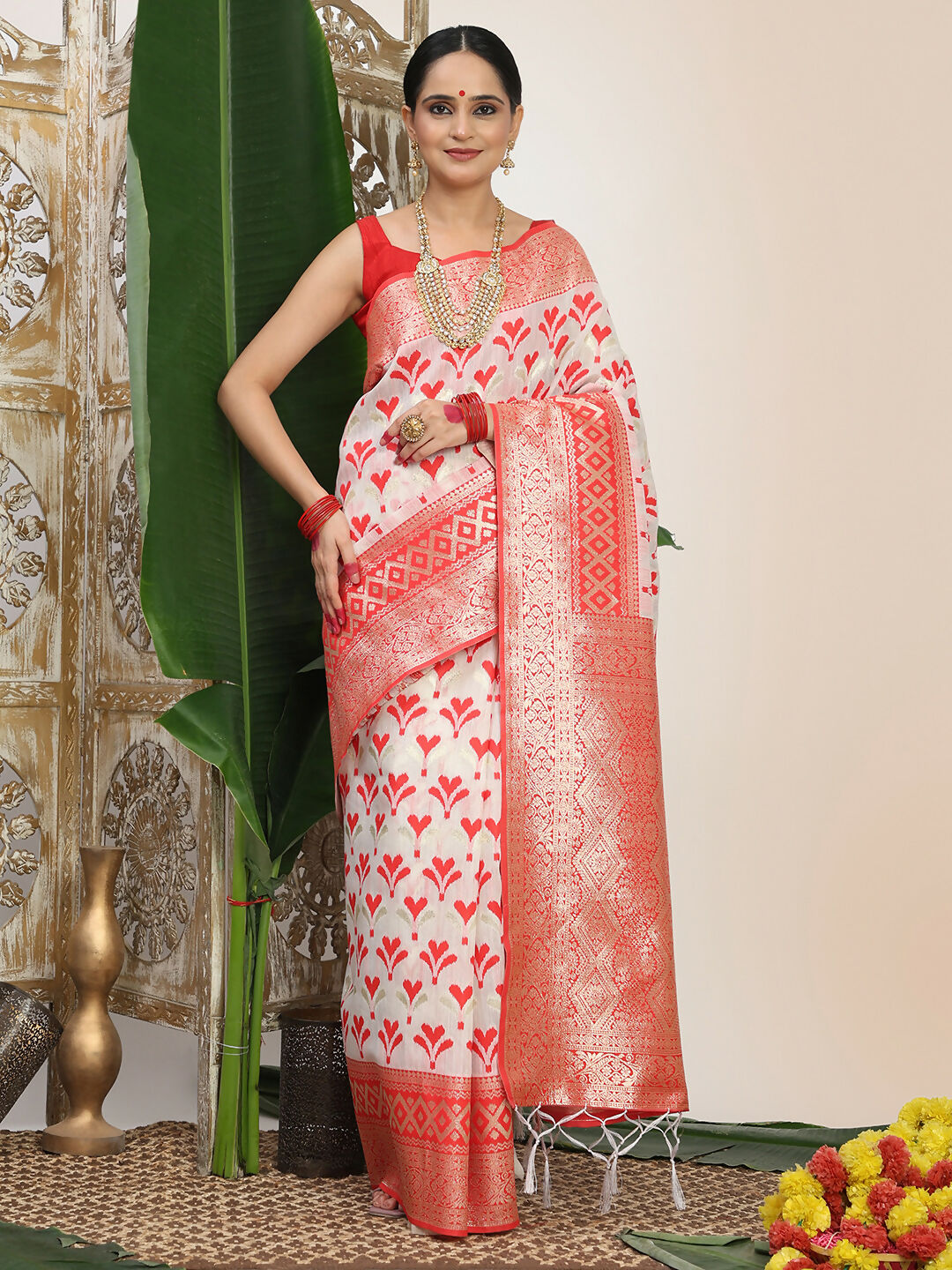 Shree Shyam Fashion Linen Cotton Red & White Saree