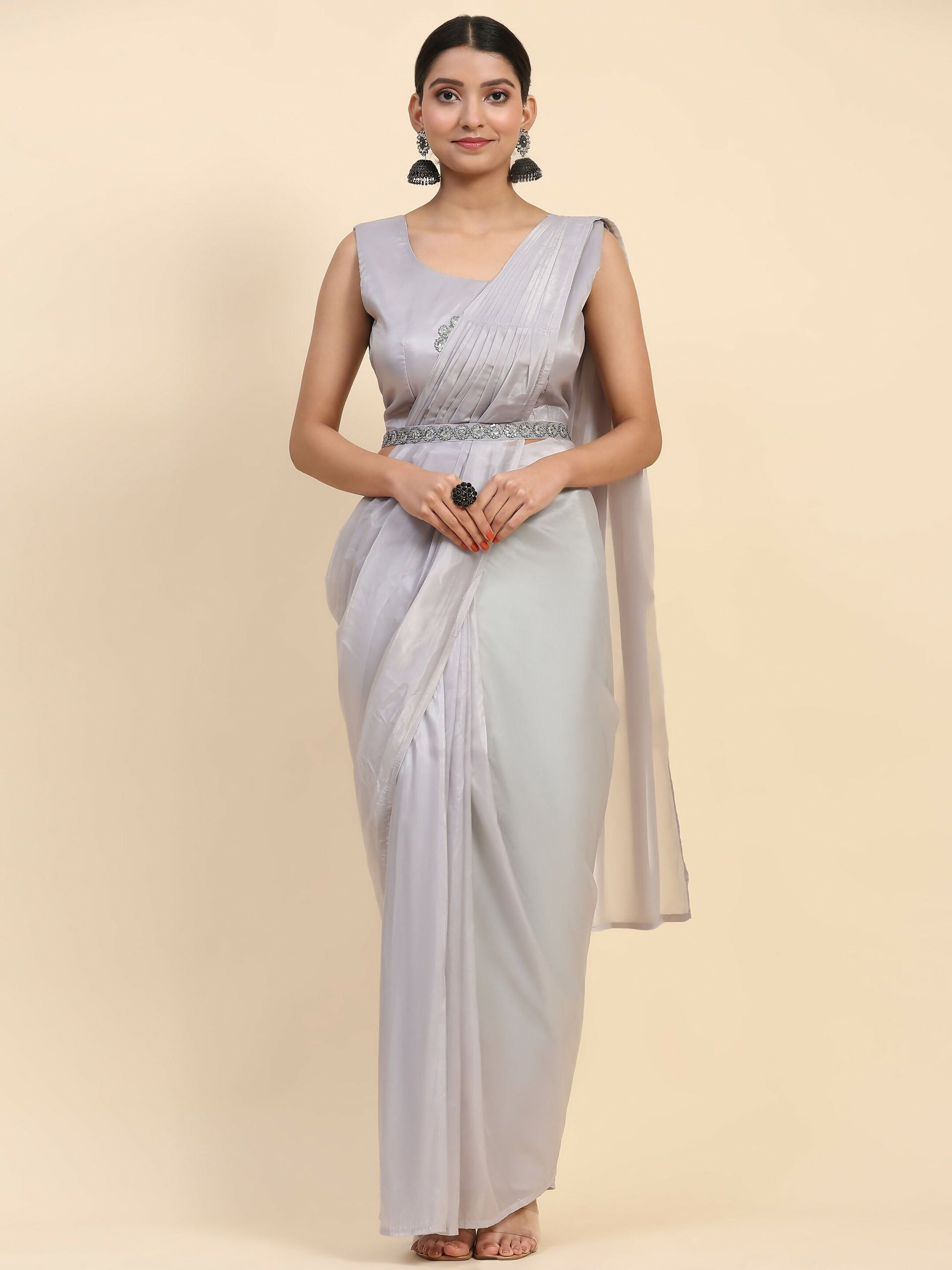 Grey Satin Solid Ready to wear Saree with stitched Blouse - Vanita | Swadesiicart