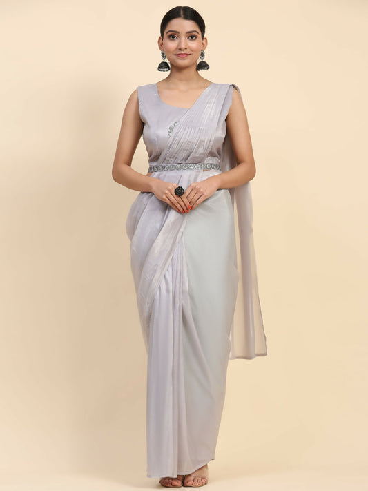 Grey Satin Solid Ready to wear Saree with stitched Blouse - Vanita | Swadesiicart