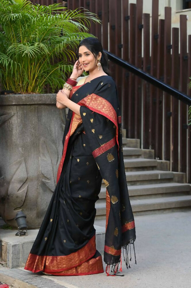 Beatitude Black Cotton Banarasi Saree | Swadesiicart