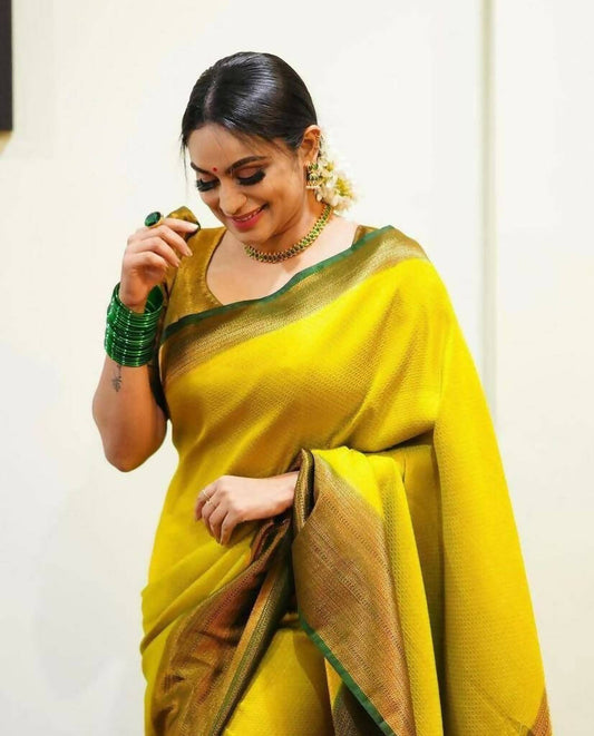 DEIANA'S Beautiful Designer Golden zari Soft Lichi Silk Saree - Yellow Green - Swadesiicart