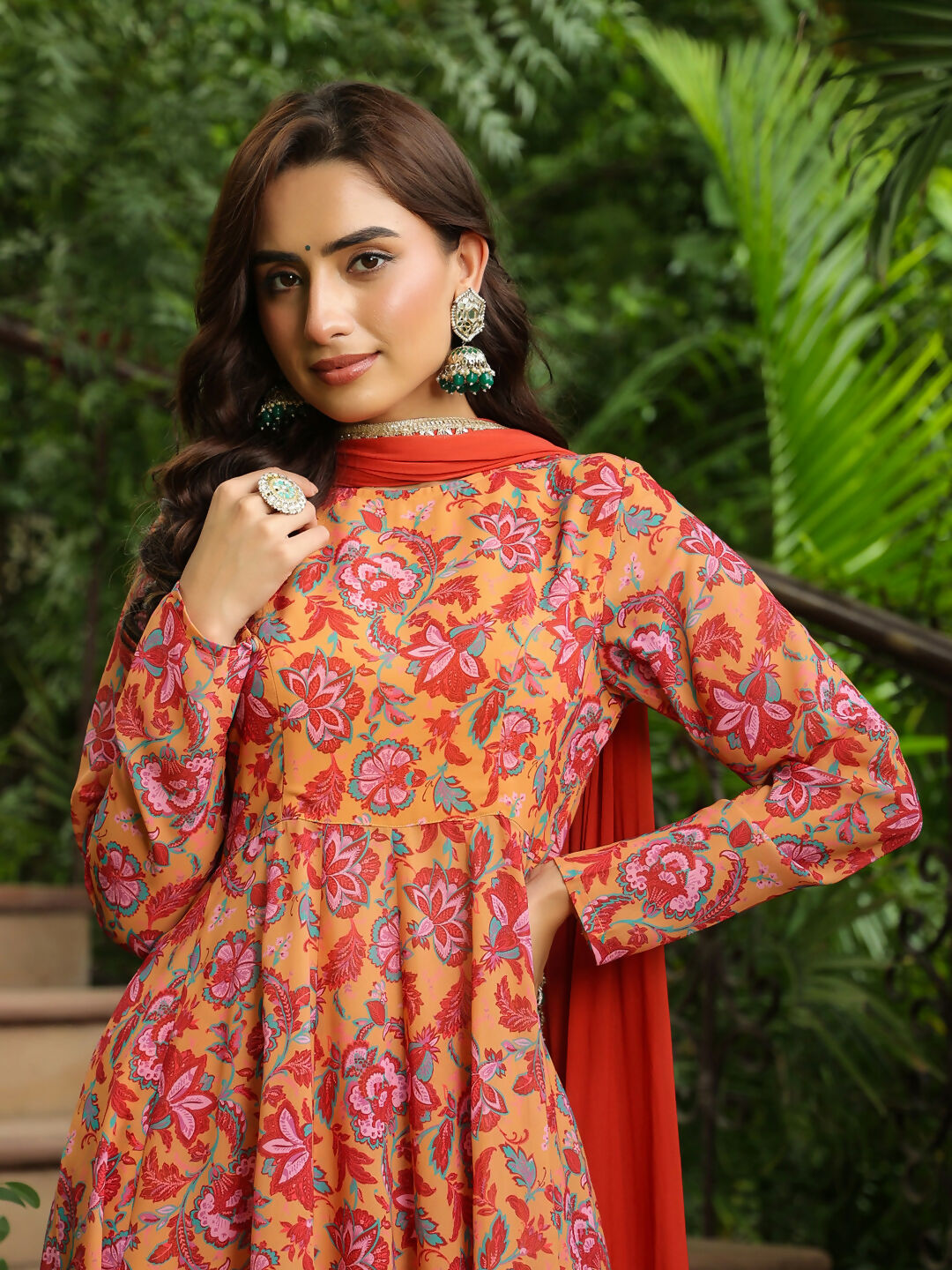Janasya Mustard Georgette Floral Kurta,Bottom & Dupatta | Swadesiicart