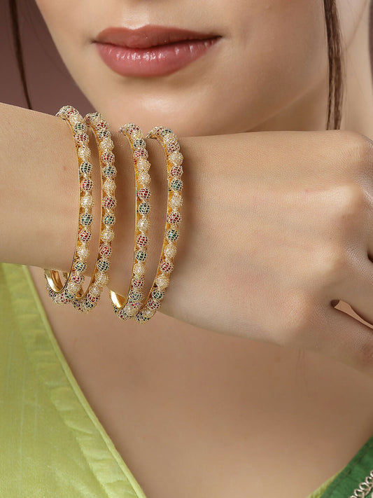 NVR Women's Set of 4 Gold-Polished Beads Handcrafted Traditional Bangles - NR Retail-NVR